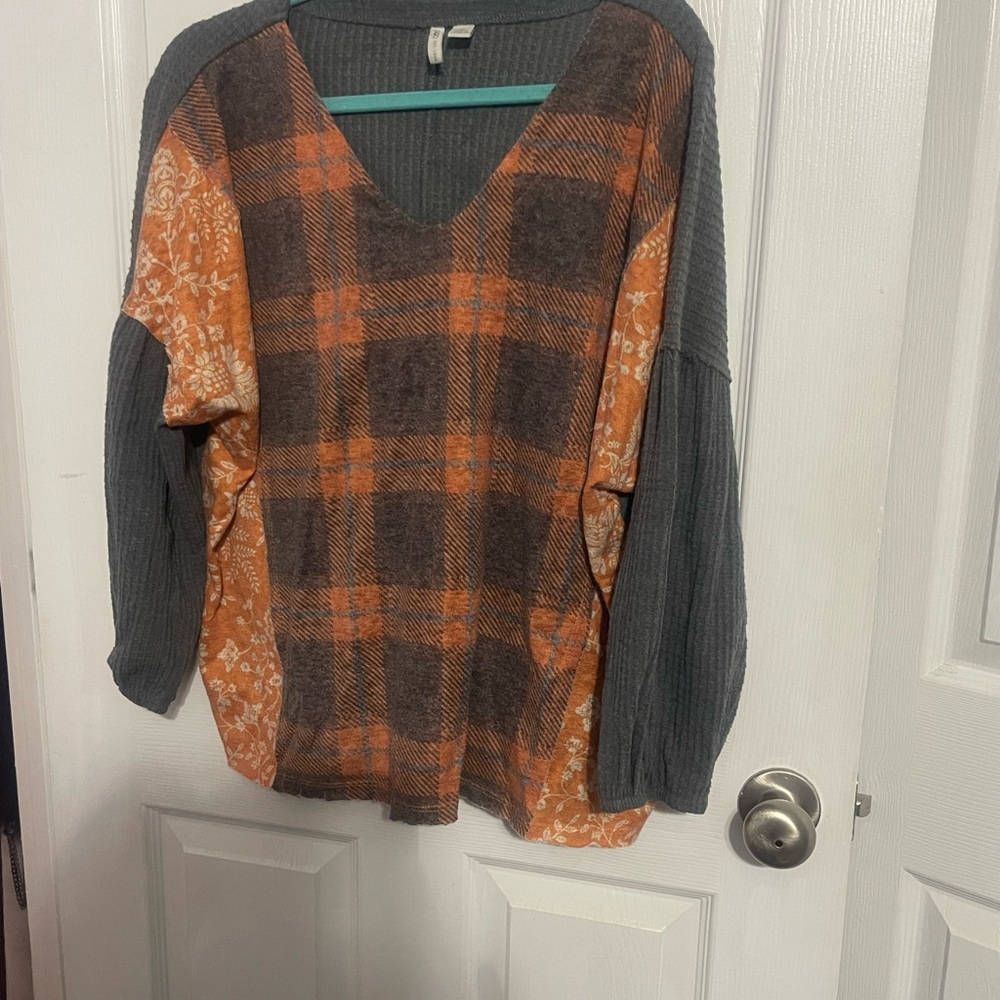 Cato Orange and Gray Plaid V-Neck Sweater